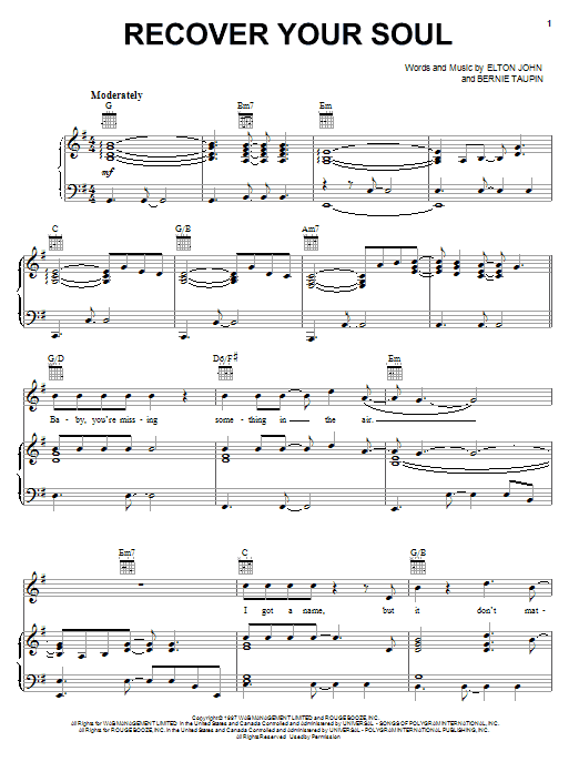 Elton John Recover Your Soul sheet music notes and chords arranged for Piano, Vocal & Guitar Chords (Right-Hand Melody)