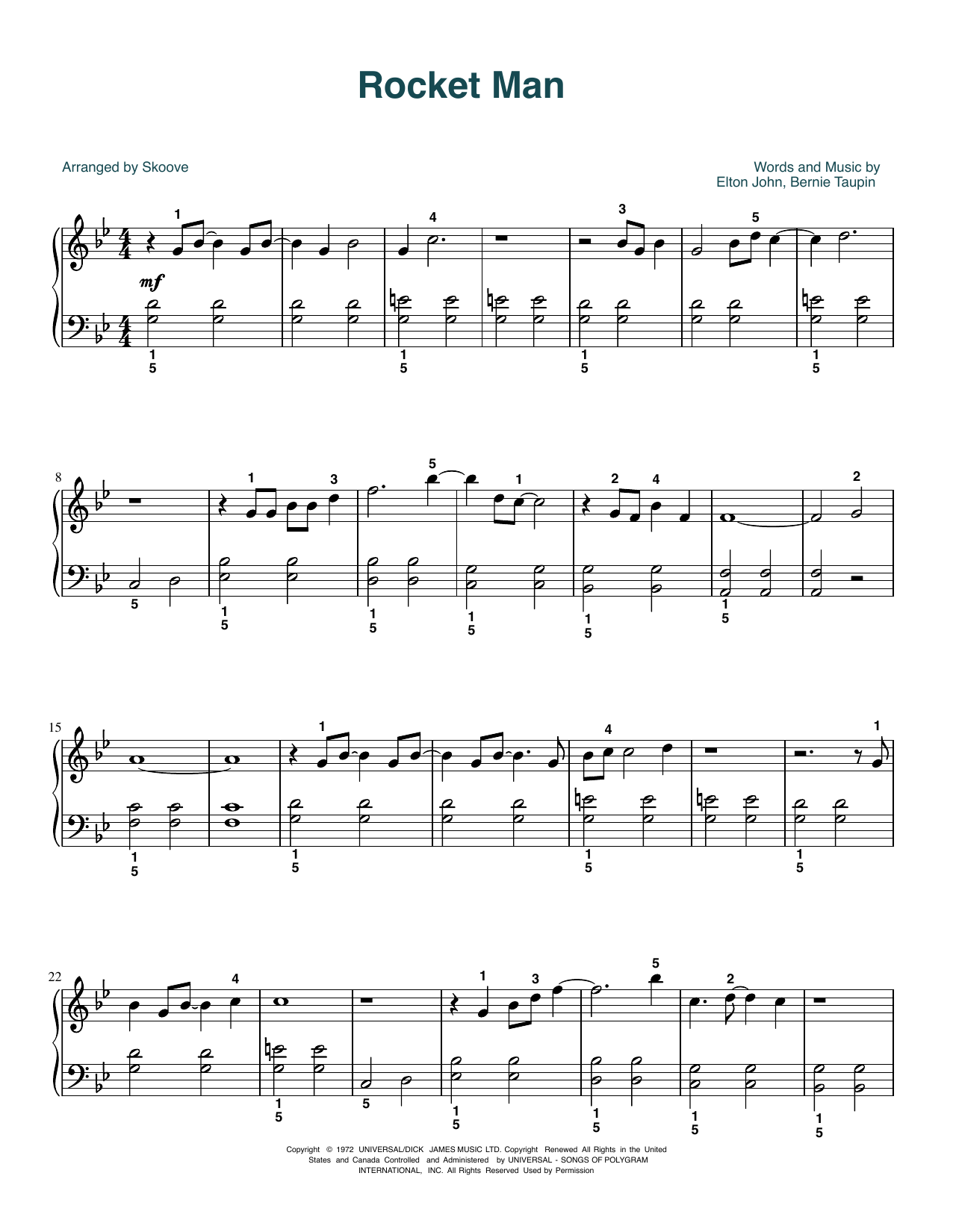 Elton John Rocket Man (I Think It's Gonna Be A Long Long Time) (arr. Skoove) sheet music notes and chords arranged for Easy Piano