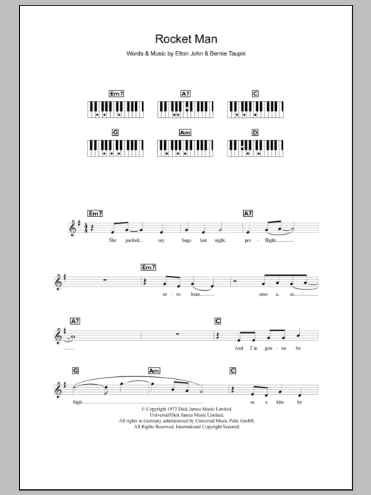 Elton John Rocket Man sheet music notes and chords arranged for Beginner Piano