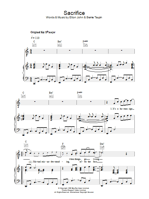 Elton John Sacrifice sheet music notes and chords arranged for Piano Chords/Lyrics