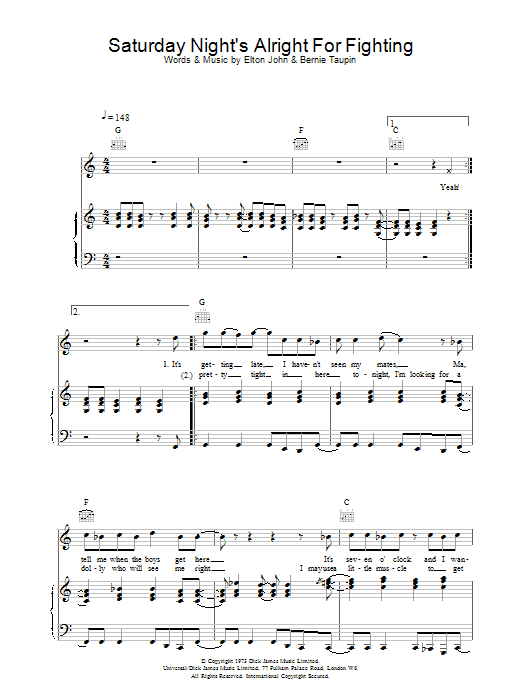 Elton John Saturday Night's Alright For Fighting sheet music notes and chords arranged for Piano, Vocal & Guitar Chords