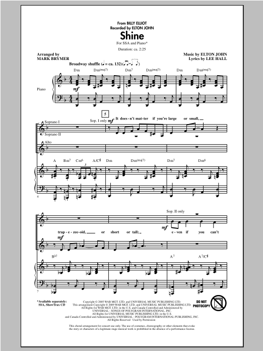 Elton John Shine (from Billy Elliot) (arr. Mark Brymer) sheet music notes and chords arranged for SSA Choir