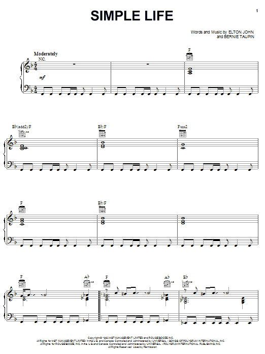 Elton John Simple Life sheet music notes and chords arranged for Guitar Chords/Lyrics