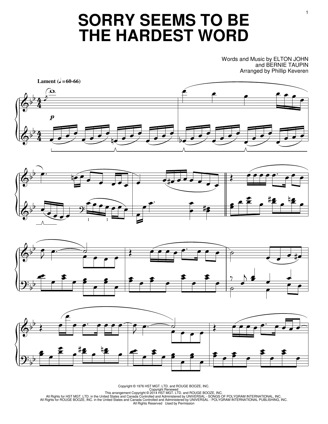 Elton John Sorry Seems To Be The Hardest Word [Classical version] (arr. Phillip Keveren) sheet music notes and chords arranged for Piano Solo