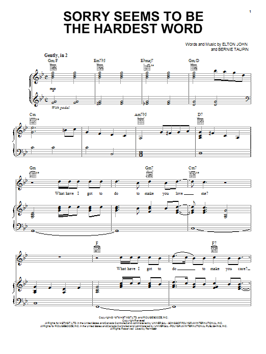 Elton John Sorry Seems To Be The Hardest Word sheet music notes and chords arranged for Piano, Vocal & Guitar Chords