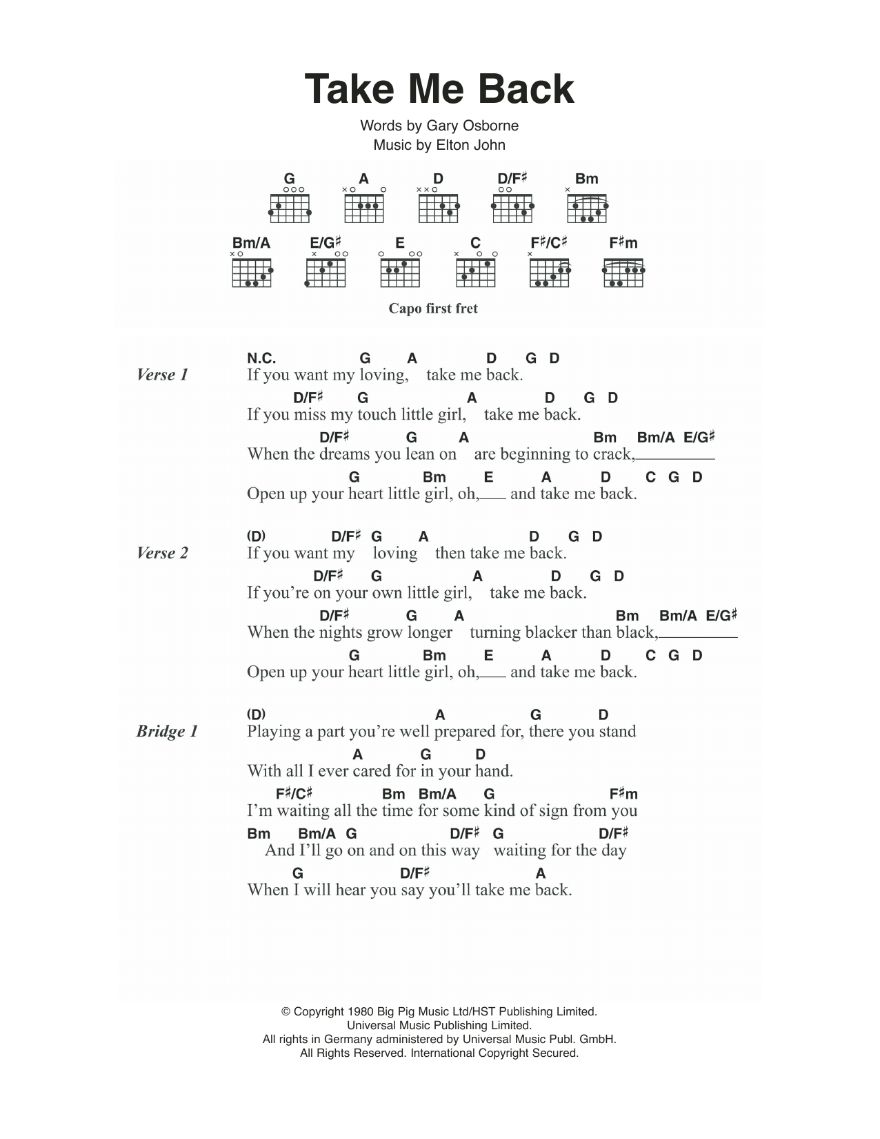 Elton John Take Me Back sheet music notes and chords arranged for Guitar Chords/Lyrics