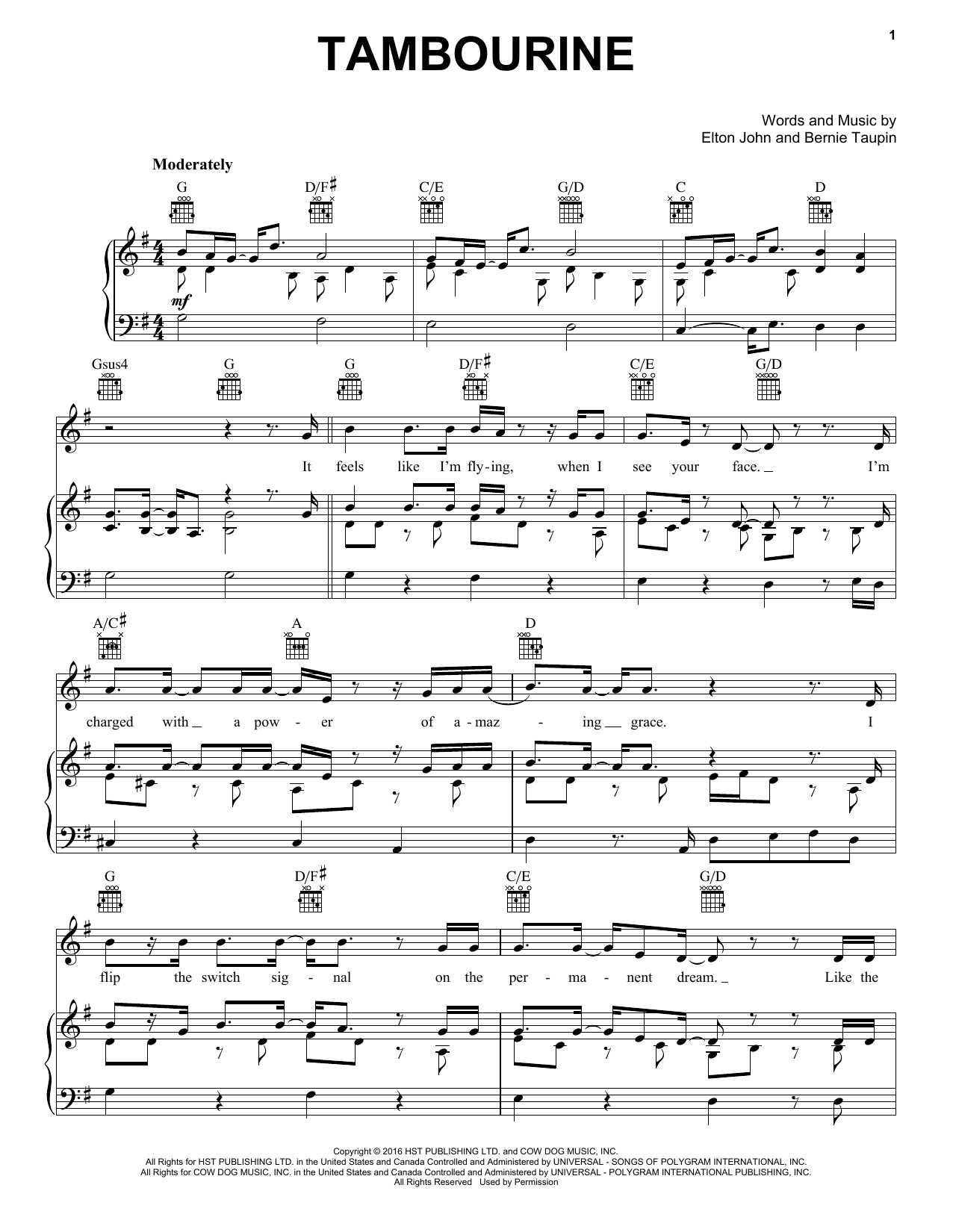 Elton John Tambourine sheet music notes and chords arranged for Piano, Vocal & Guitar Chords (Right-Hand Melody)