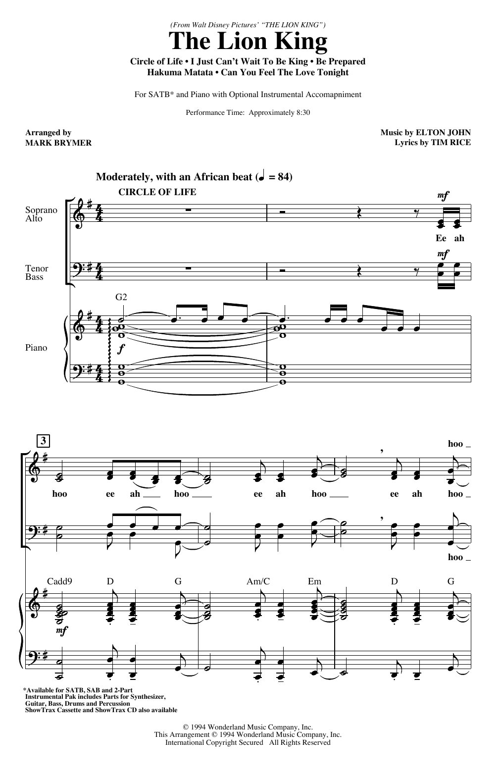 Elton John The Lion King (Medley) (arr. Mark Brymer) sheet music notes and chords arranged for SATB Choir