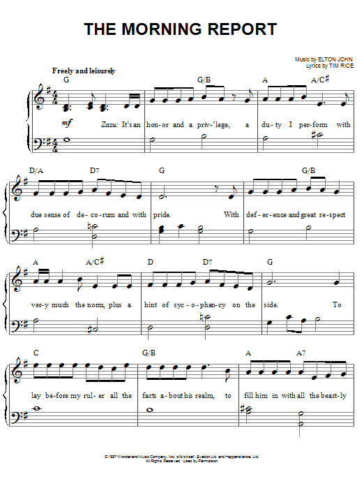 Elton John The Morning Report (from The Lion King: Broadway Musical) sheet music notes and chords arranged for Lead Sheet / Fake Book