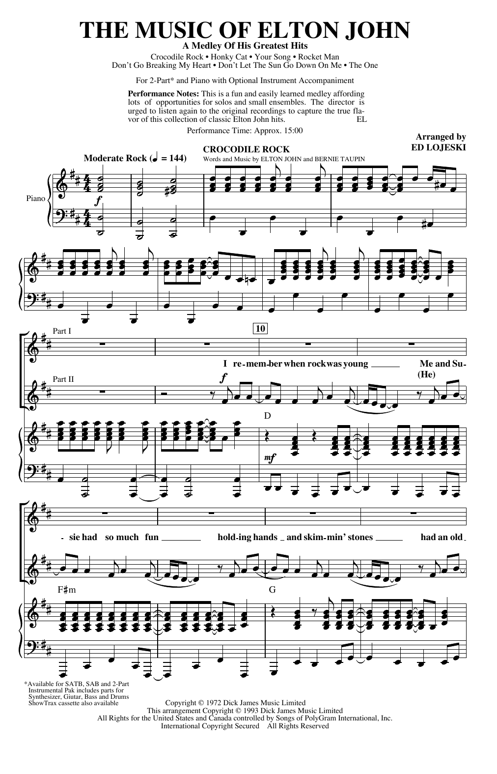 Elton John The Music of Elton John (A Medley Of His Greatest Hits) (arr. Ed Lojeski) sheet music notes and chords arranged for SAB Choir