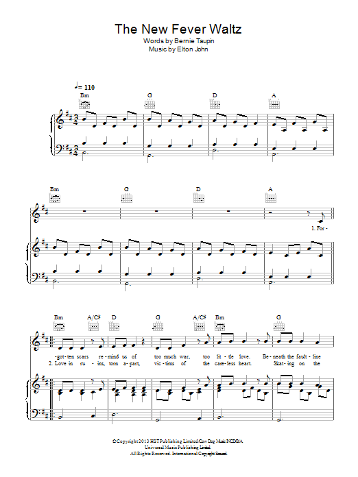 Elton John The New Fever Waltz sheet music notes and chords arranged for Piano, Vocal & Guitar Chords