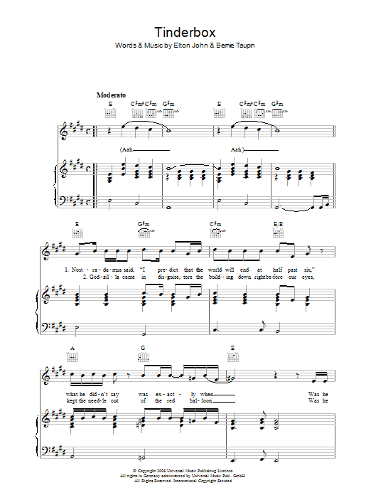 Elton John Tinderbox sheet music notes and chords arranged for Guitar Chords/Lyrics