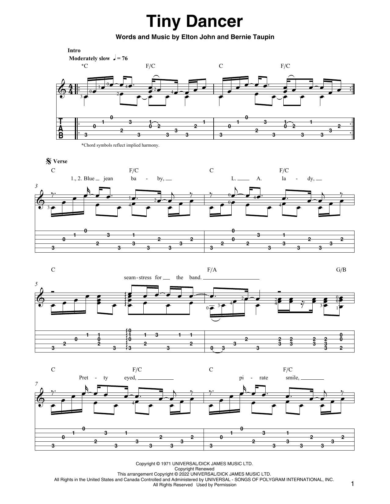 Elton John Tiny Dancer (arr. Ben Pila) sheet music notes and chords arranged for Solo Guitar