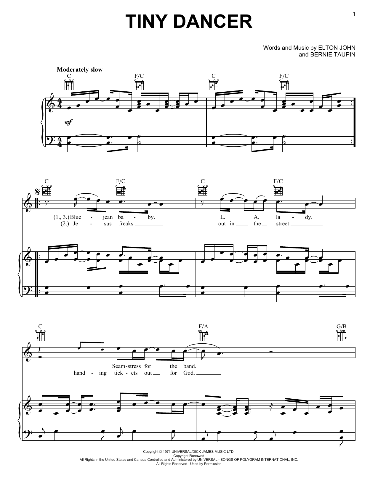Elton John Tiny Dancer sheet music notes and chords arranged for Easy Piano