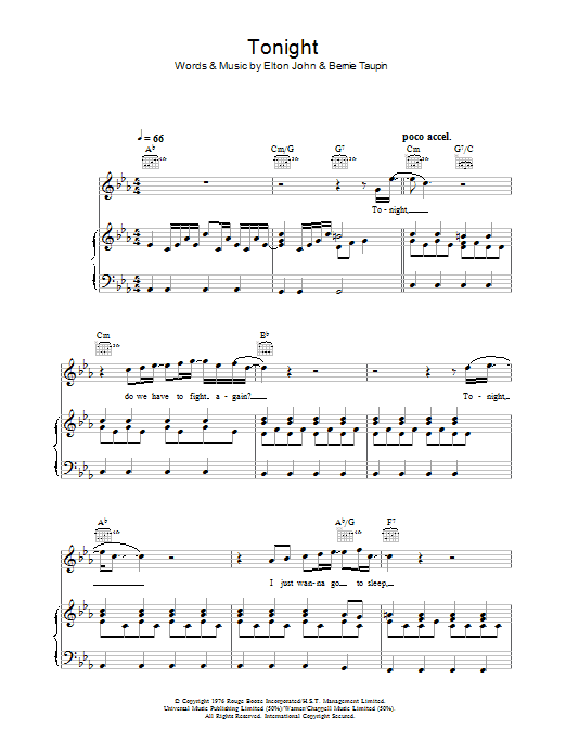Elton John Tonight sheet music notes and chords arranged for Piano, Vocal & Guitar Chords