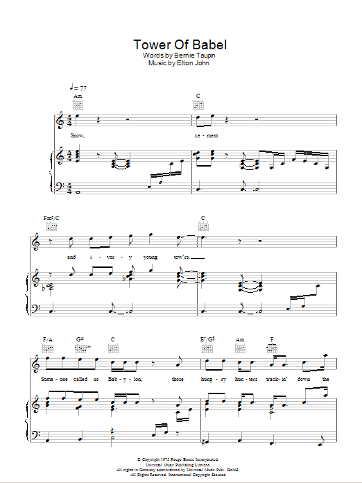 Elton John Tower Of Babel sheet music notes and chords arranged for Piano, Vocal & Guitar Chords