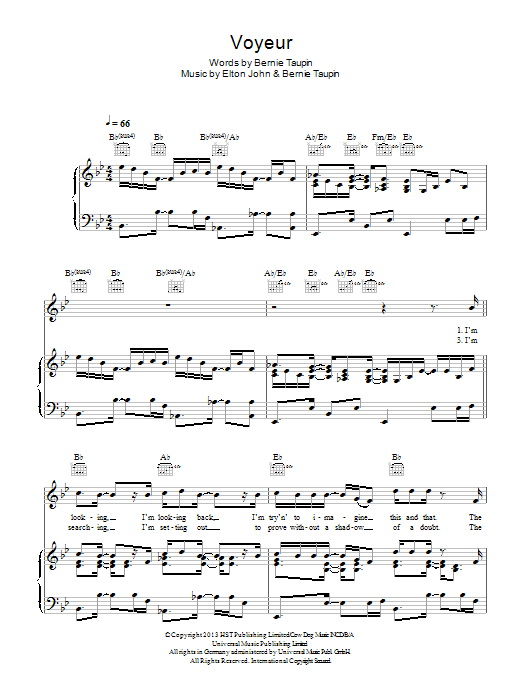 Elton John Voyeur sheet music notes and chords arranged for Piano, Vocal & Guitar Chords