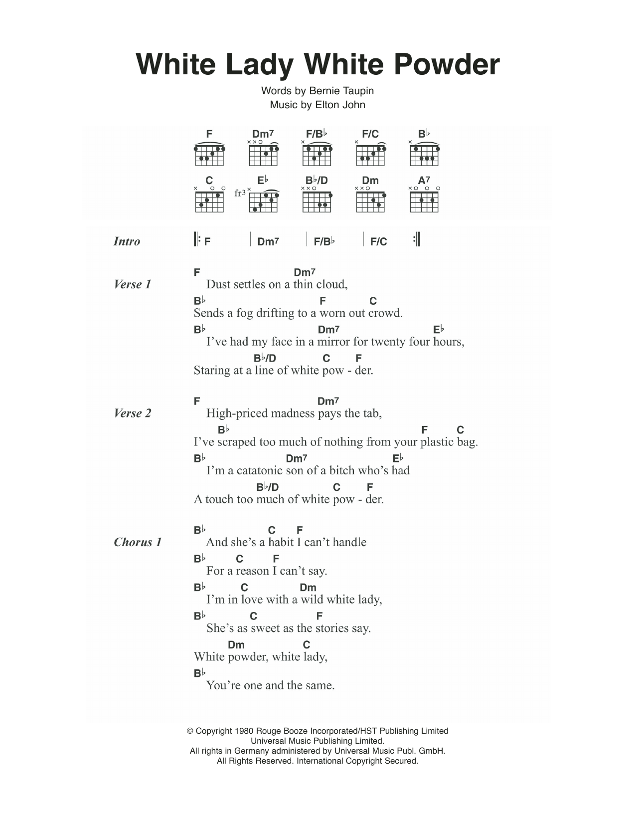Elton John White Lady White Powder sheet music notes and chords arranged for Guitar Chords/Lyrics