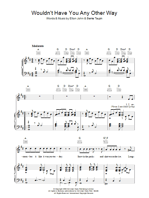 Elton John Wouldn't Have You Any Other Way (NYC) sheet music notes and chords arranged for Piano, Vocal & Guitar Chords