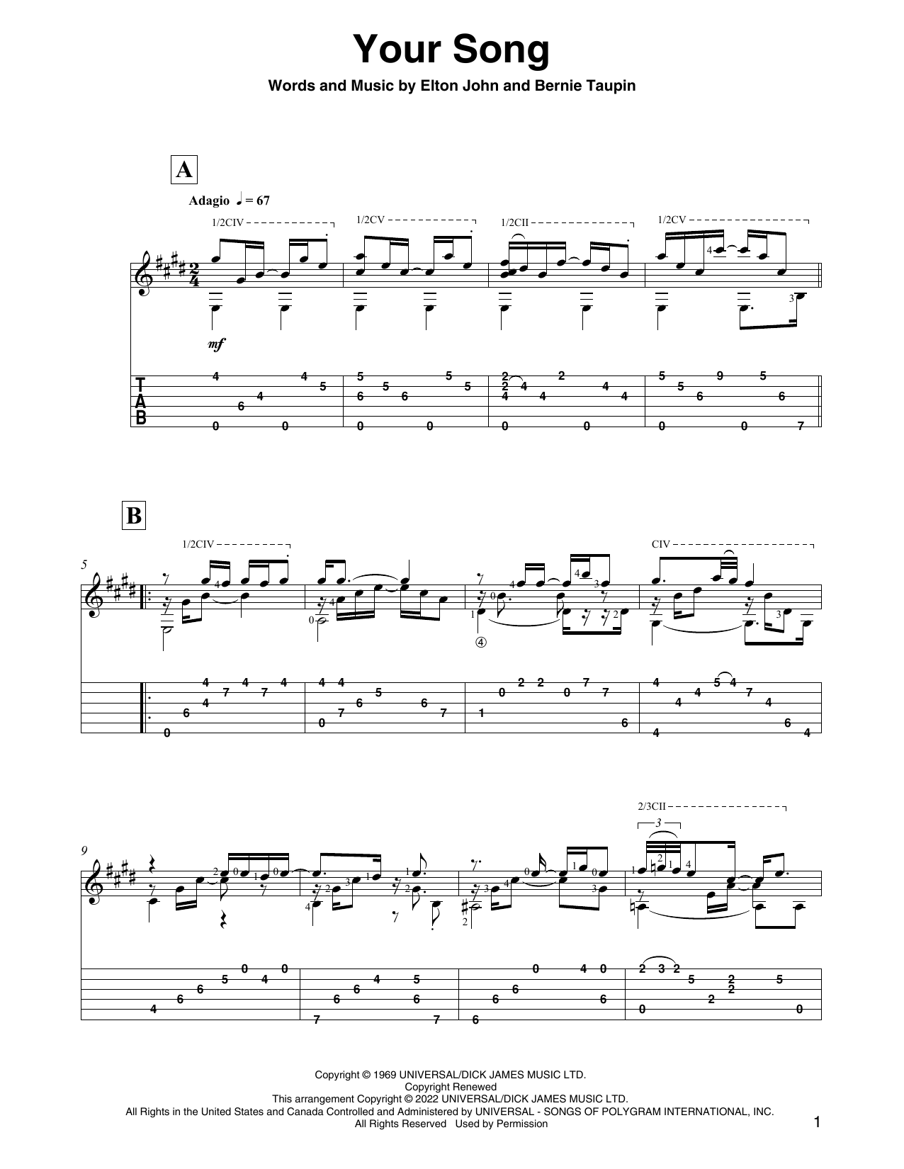 Elton John Your Song (arr. David Jaggs) sheet music notes and chords arranged for Solo Guitar