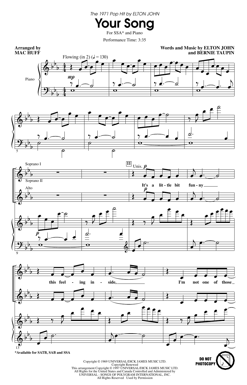Elton John Your Song (arr. Mac Huff) sheet music notes and chords arranged for SSA Choir