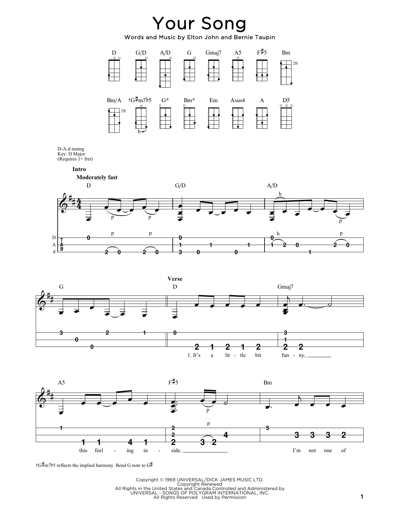 Elton John Your Song (arr. Steven B. Eulberg) sheet music notes and chords arranged for Dulcimer
