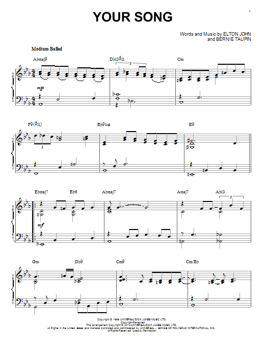 Elton John Your Song [Jazz version] (arr. Brent Edstrom) sheet music notes and chords arranged for Piano Solo