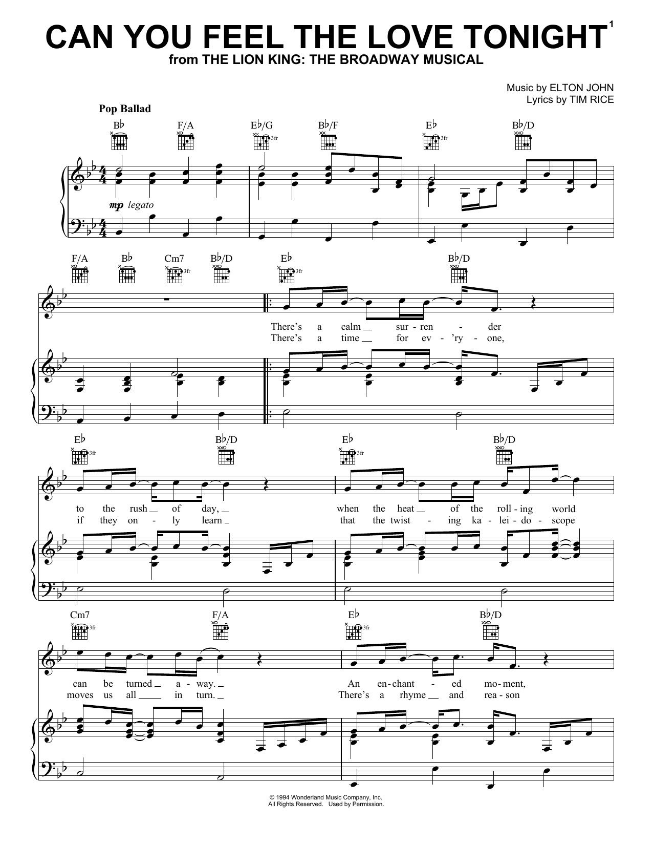 Elton John Can You Feel The Love Tonight sheet music notes and chords. Download Printable PDF.
