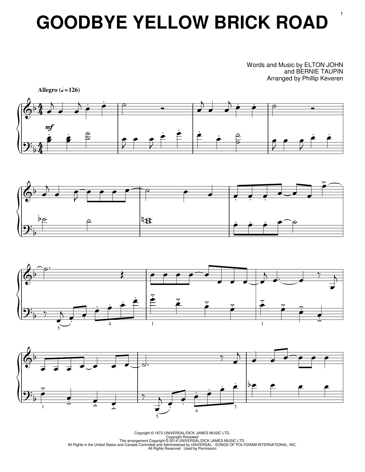 Elton John Goodbye Yellow Brick Road [Classical version] (arr. Phillip Keveren) sheet music notes and chords arranged for Piano Solo