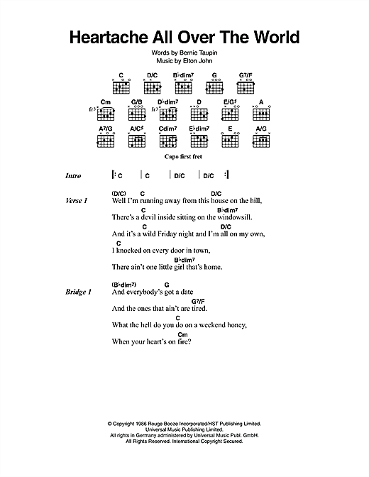 Elton John Heartaches All Over The World sheet music notes and chords arranged for Guitar Chords/Lyrics