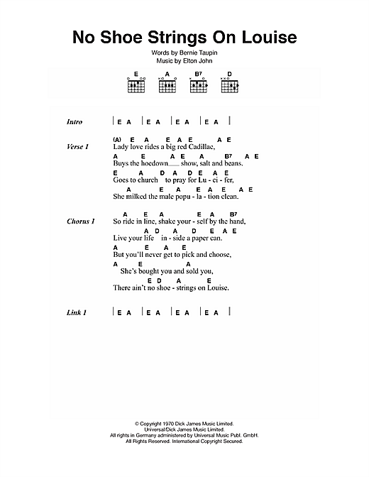 Elton John No Shoe Strings On Louise sheet music notes and chords arranged for Guitar Chords/Lyrics