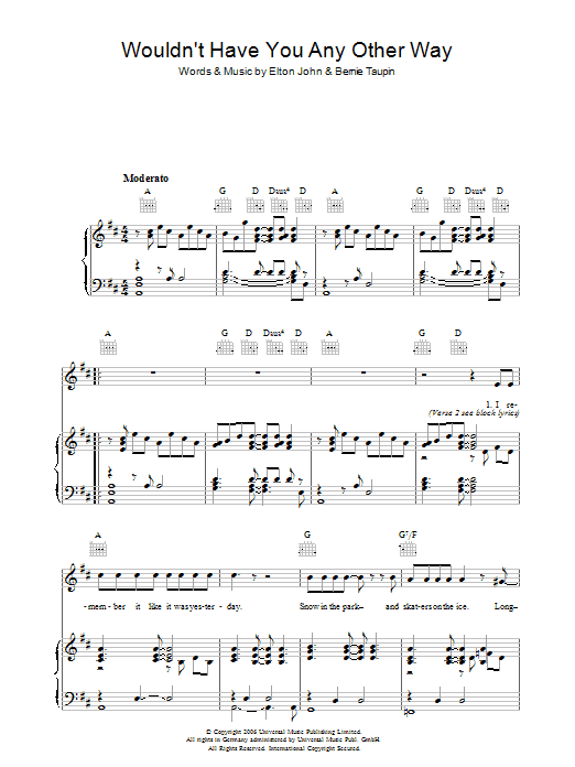 Elton John Wouldn't Have You Any Other Way (NYC) sheet music notes and chords arranged for Piano, Vocal & Guitar Chords (Right-Hand Melody)