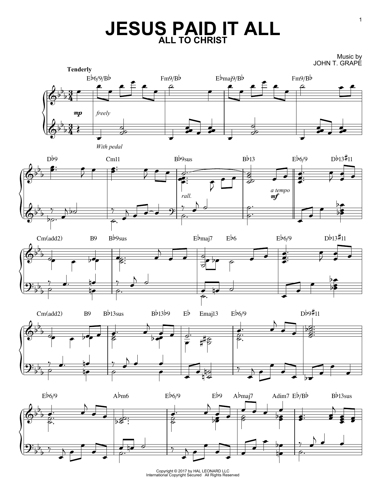 Elvina M. Hall Jesus Paid It All [Jazz version] sheet music notes and chords arranged for Piano Solo