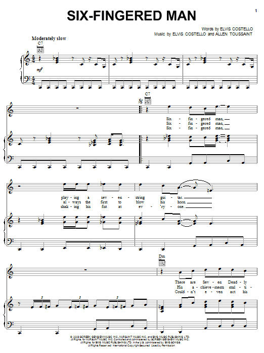 Elvis Costello & Allen Toussaint Six-Fingered Man sheet music notes and chords arranged for Piano, Vocal & Guitar Chords (Right-Hand Melody)