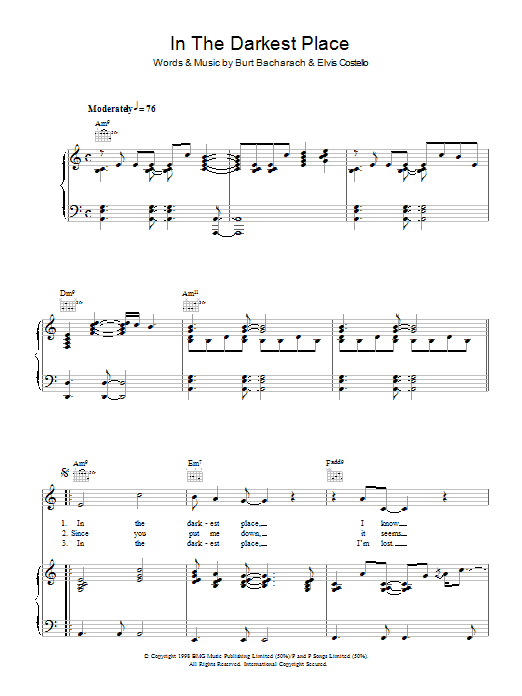 Elvis Costello & Burt Bacharach In The Darkest Place sheet music notes and chords arranged for Piano, Vocal & Guitar Chords