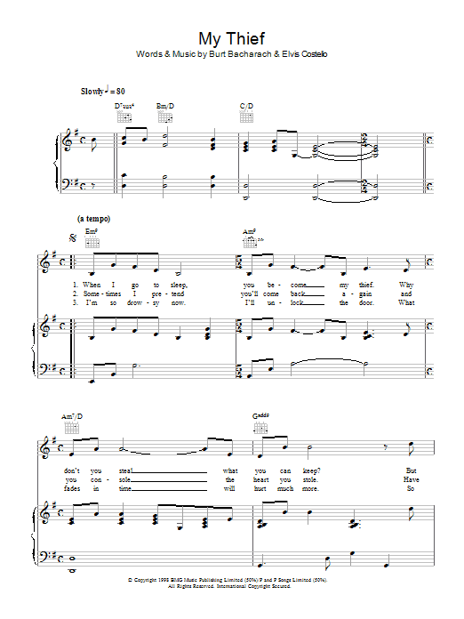 Elvis Costello & Burt Bacharach My Thief sheet music notes and chords arranged for Piano, Vocal & Guitar Chords