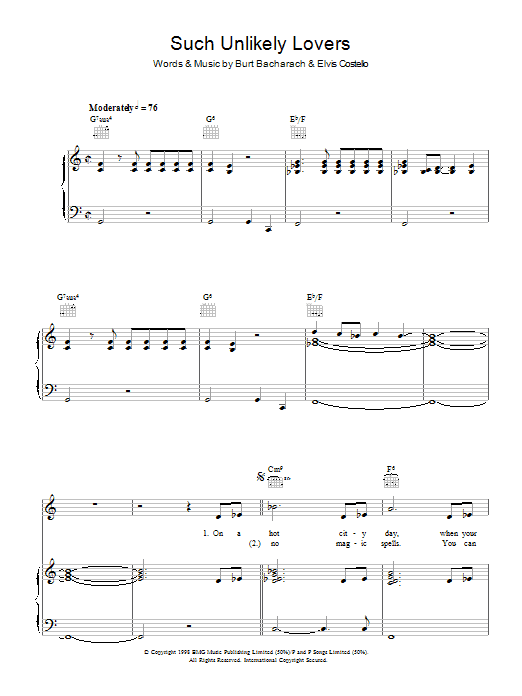 Elvis Costello & Burt Bacharach Such Unlikely Lovers sheet music notes and chords arranged for Piano, Vocal & Guitar Chords