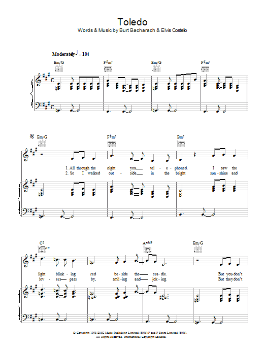 Elvis Costello & Burt Bacharach Toledo sheet music notes and chords arranged for Piano, Vocal & Guitar Chords