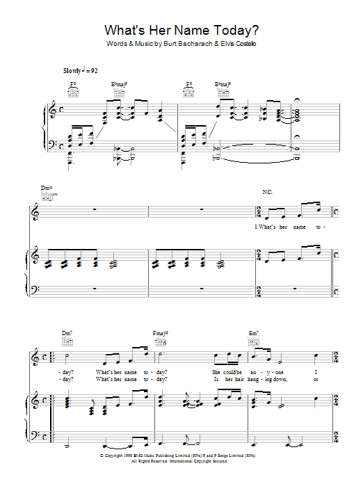Elvis Costello & Burt Bacharach What's Her Name Today? sheet music notes and chords arranged for Piano, Vocal & Guitar Chords