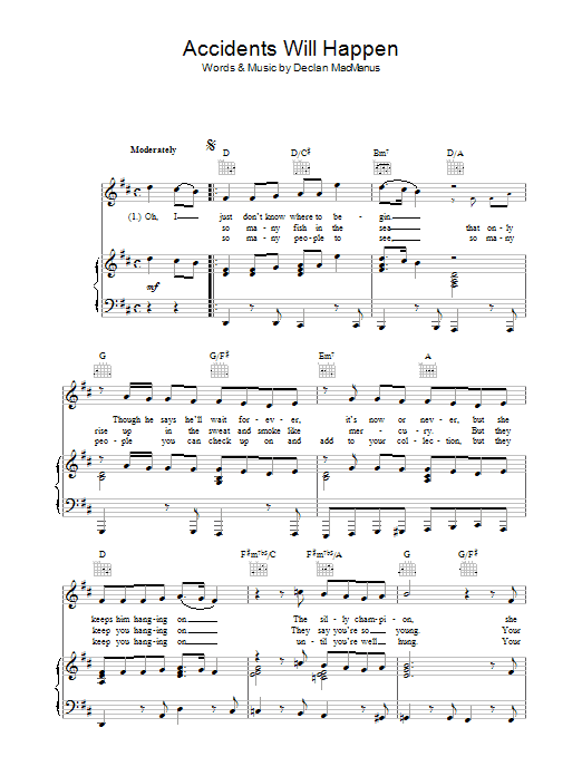Elvis Costello Accidents Will Happen sheet music notes and chords arranged for Piano, Vocal & Guitar Chords