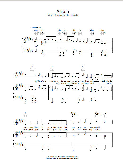 Elvis Costello Alison sheet music notes and chords arranged for Ukulele Chords/Lyrics