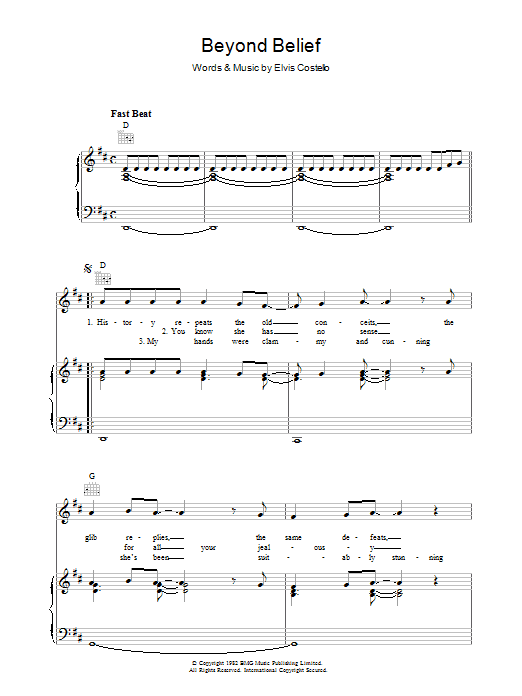 Elvis Costello Beyond Belief sheet music notes and chords arranged for Piano, Vocal & Guitar Chords