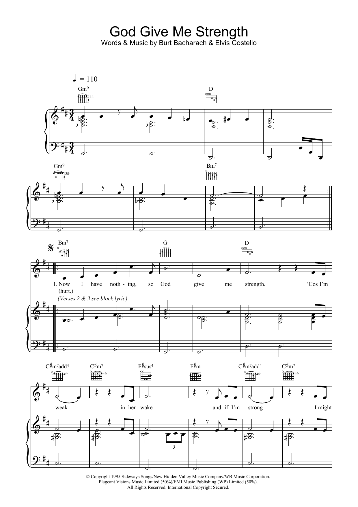 Elvis Costello God Give Me Strength sheet music notes and chords arranged for Piano, Vocal & Guitar Chords