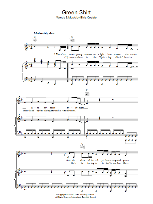 Elvis Costello Green Shirt sheet music notes and chords arranged for Piano, Vocal & Guitar Chords