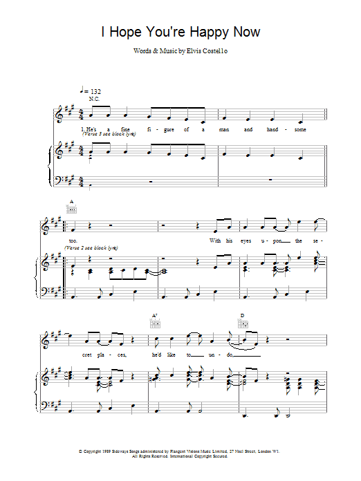 Elvis Costello I Hope You're Happy Now sheet music notes and chords arranged for Piano, Vocal & Guitar Chords
