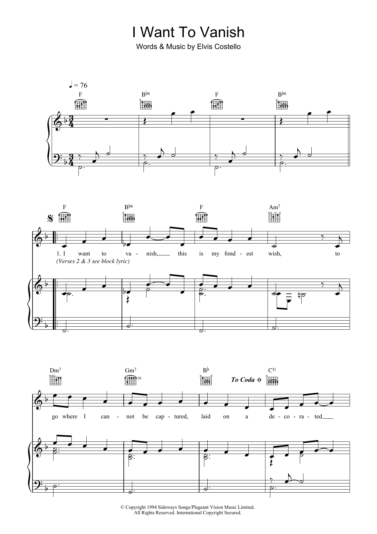 Elvis Costello I Want To Vanish sheet music notes and chords arranged for Piano, Vocal & Guitar Chords
