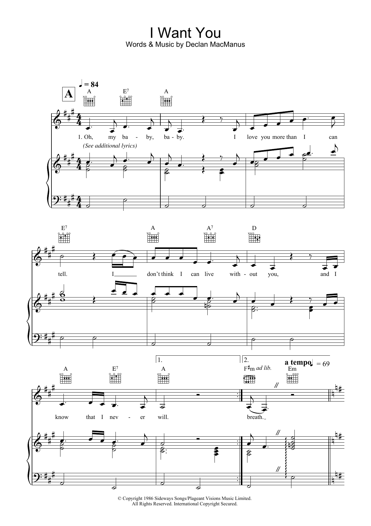 Elvis Costello I Want You sheet music notes and chords arranged for Piano, Vocal & Guitar Chords