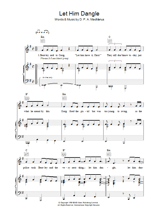 Elvis Costello Let Him Dangle sheet music notes and chords arranged for Piano, Vocal & Guitar Chords