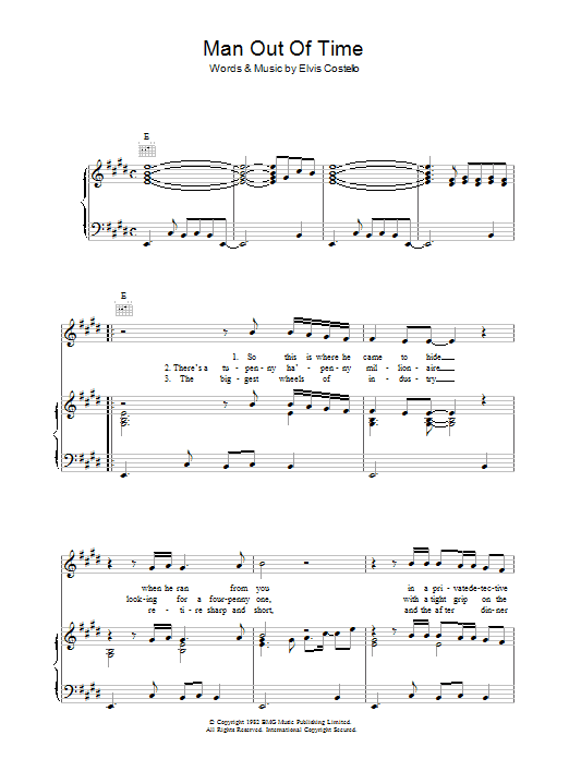 Elvis Costello Man Out Of Time sheet music notes and chords arranged for Piano, Vocal & Guitar Chords