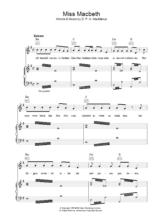 Elvis Costello Miss Macbeth sheet music notes and chords arranged for Piano, Vocal & Guitar Chords